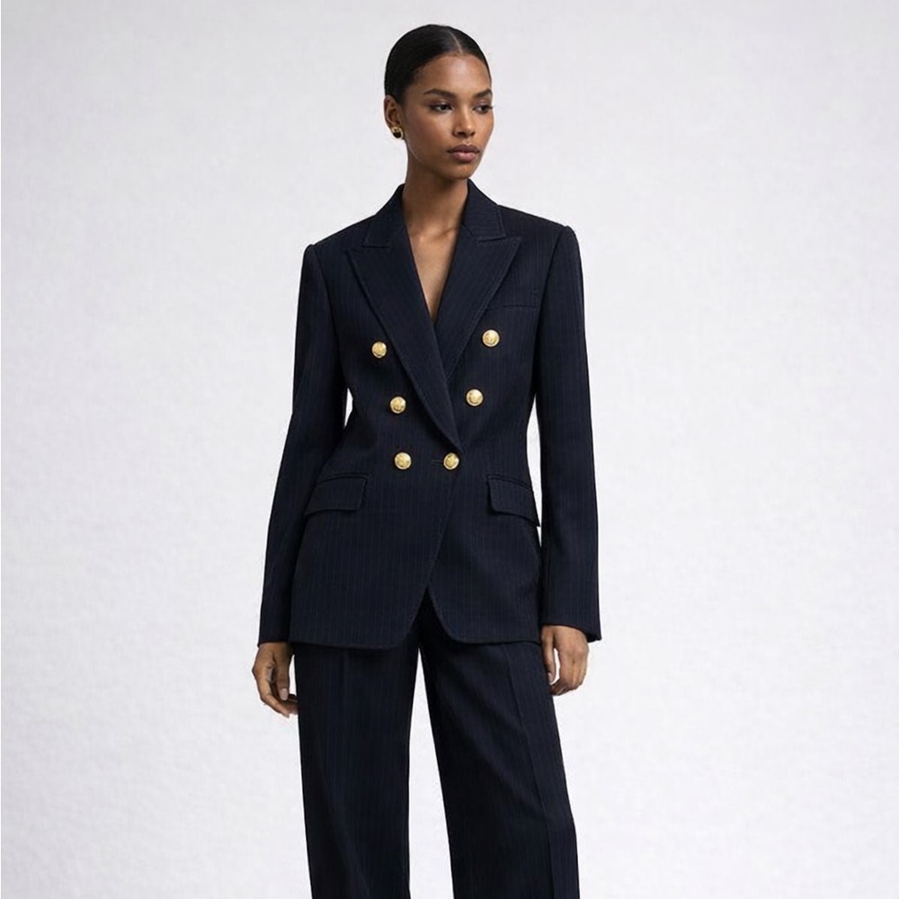 Zara Double Breasted Pinstripe Blazer in Navy XS